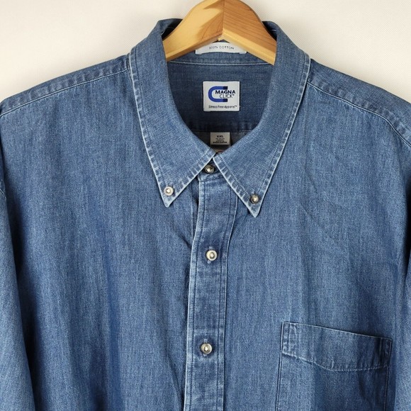 MagnaClick Shirt Mens XXL Blue Denim Long Sleeve Adaptive Magnetic Button Down - Picture 2 of 9